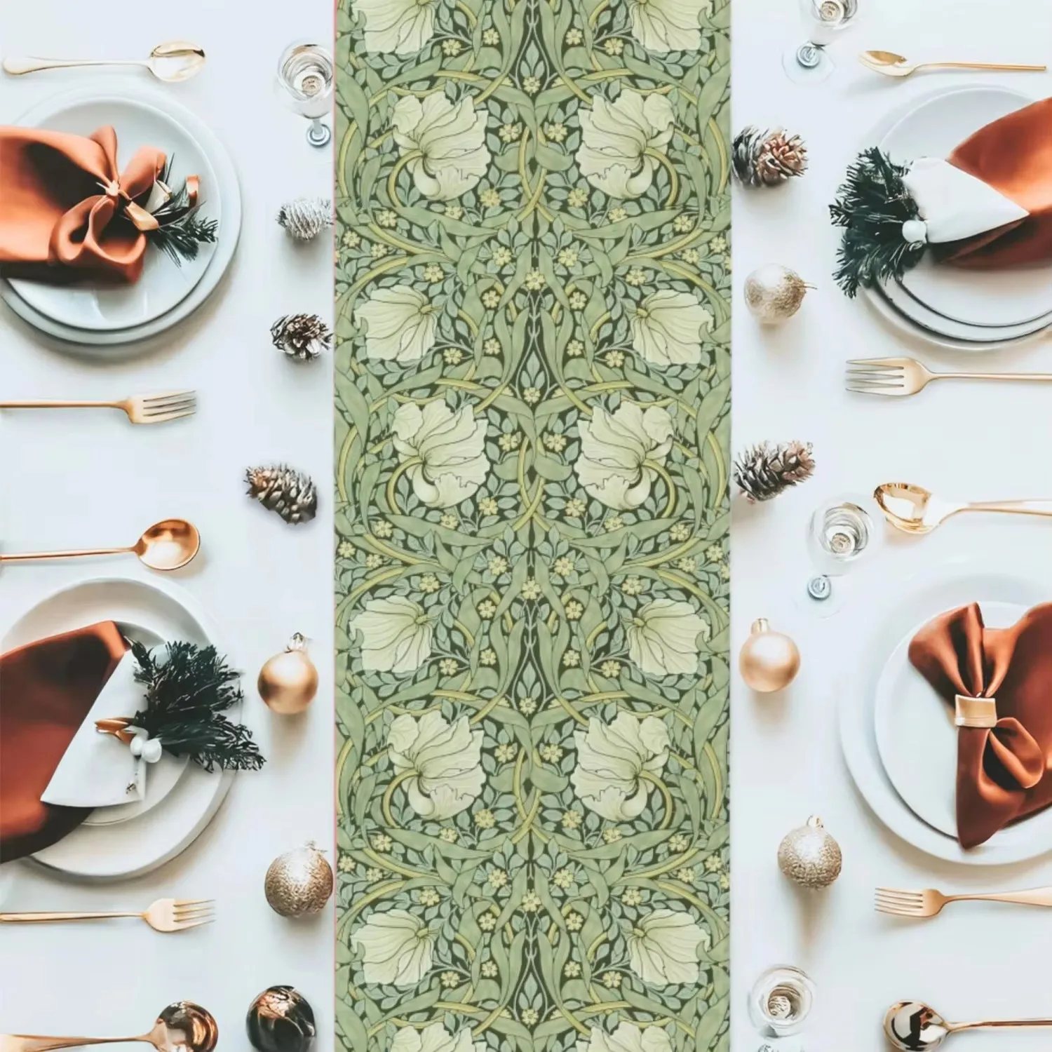William Morris Pimpernel Green Botanical Cotton Table Runner, Victorian Table Linen for Dining Wedding Home Decor