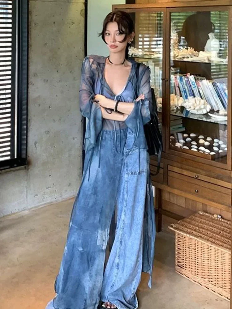 

Синяя сексуальная рубашка с разрезом и принтом, женские модные новые женские блузки Y2k, летние субкультурные Blusas Mujer, рубашки с защитой от солнца