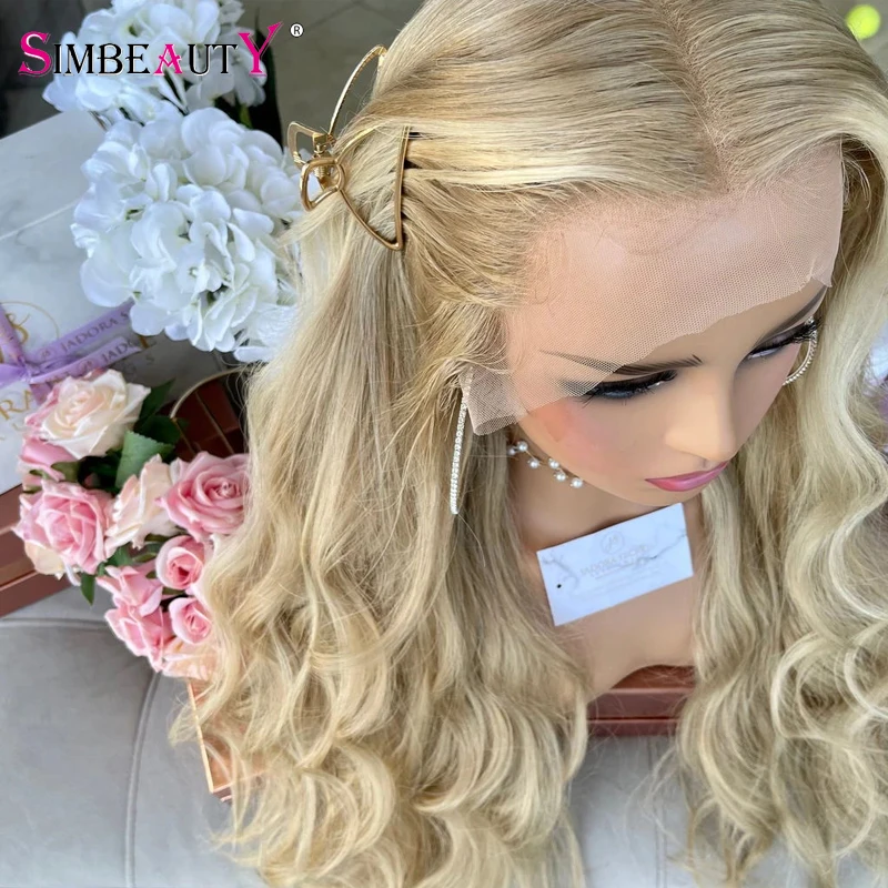 Indian 100% Human Hair Light Ash Blonde With Face Framing Highlight Natural Body Wave 13x6 Transparent Lace Front Wigs Real Look