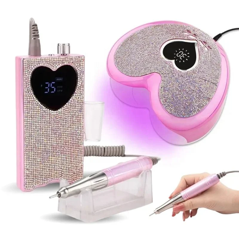 For Heart-shape Rechargeable Pink UV Nail Lamp Rhinestone Coreless Motor 35000rpm Electric Nail Drill Machine