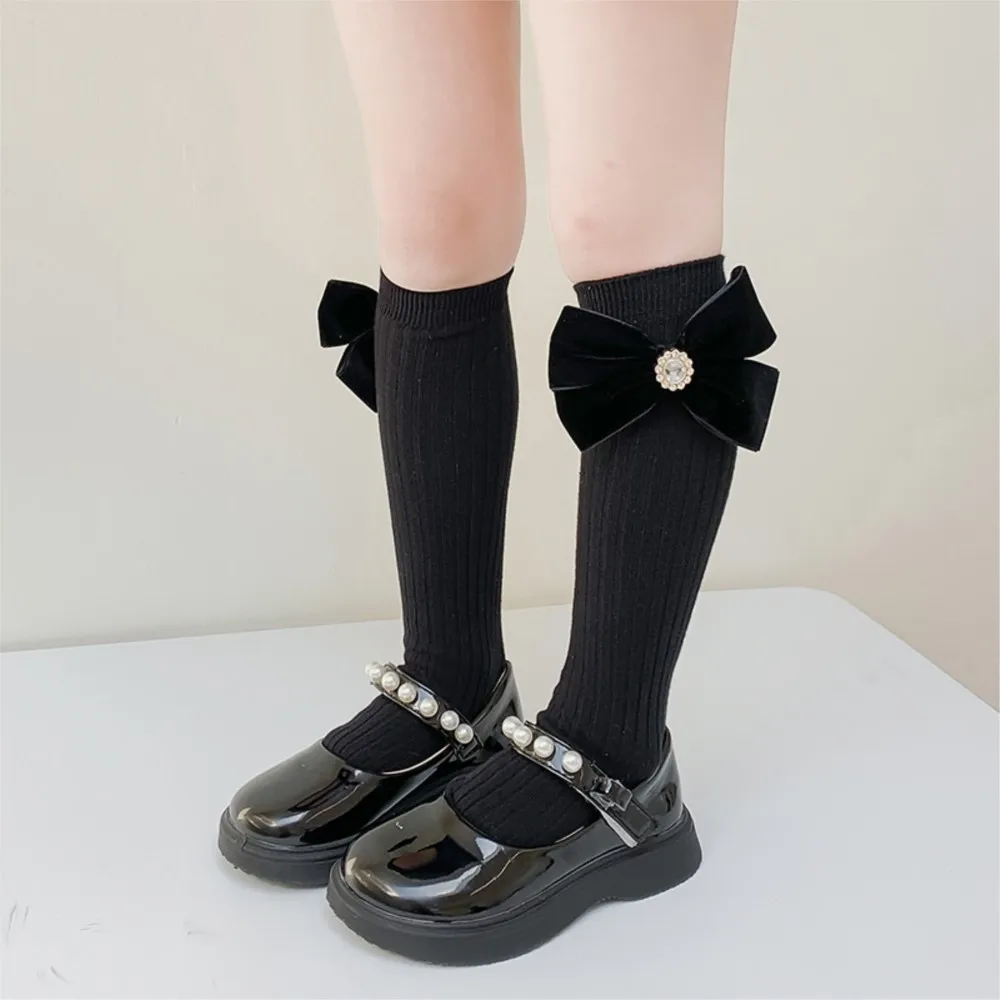 Girls socks pearl big bowknot sweet princess calf sock kids baby knee high stocking combed cotton sokken toddler infant