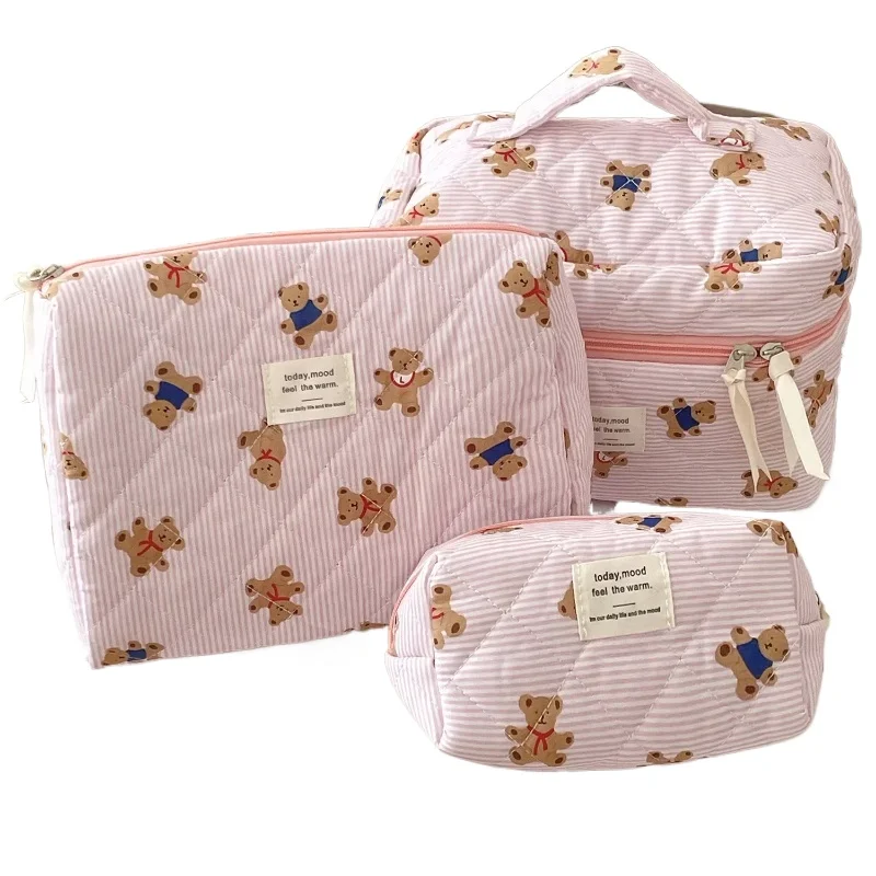 Sac à cosmétiques motif ours rose Beige pour femmes, joli organisateur de voyage de maquillage à fermeture éclair, sac à main féminin, pochette de toilette pour filles