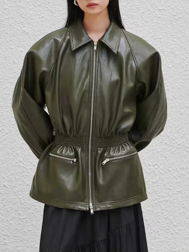 

European style new women's fashion, versatile and elegant solid color leather jacket with elastic waistband and belt.