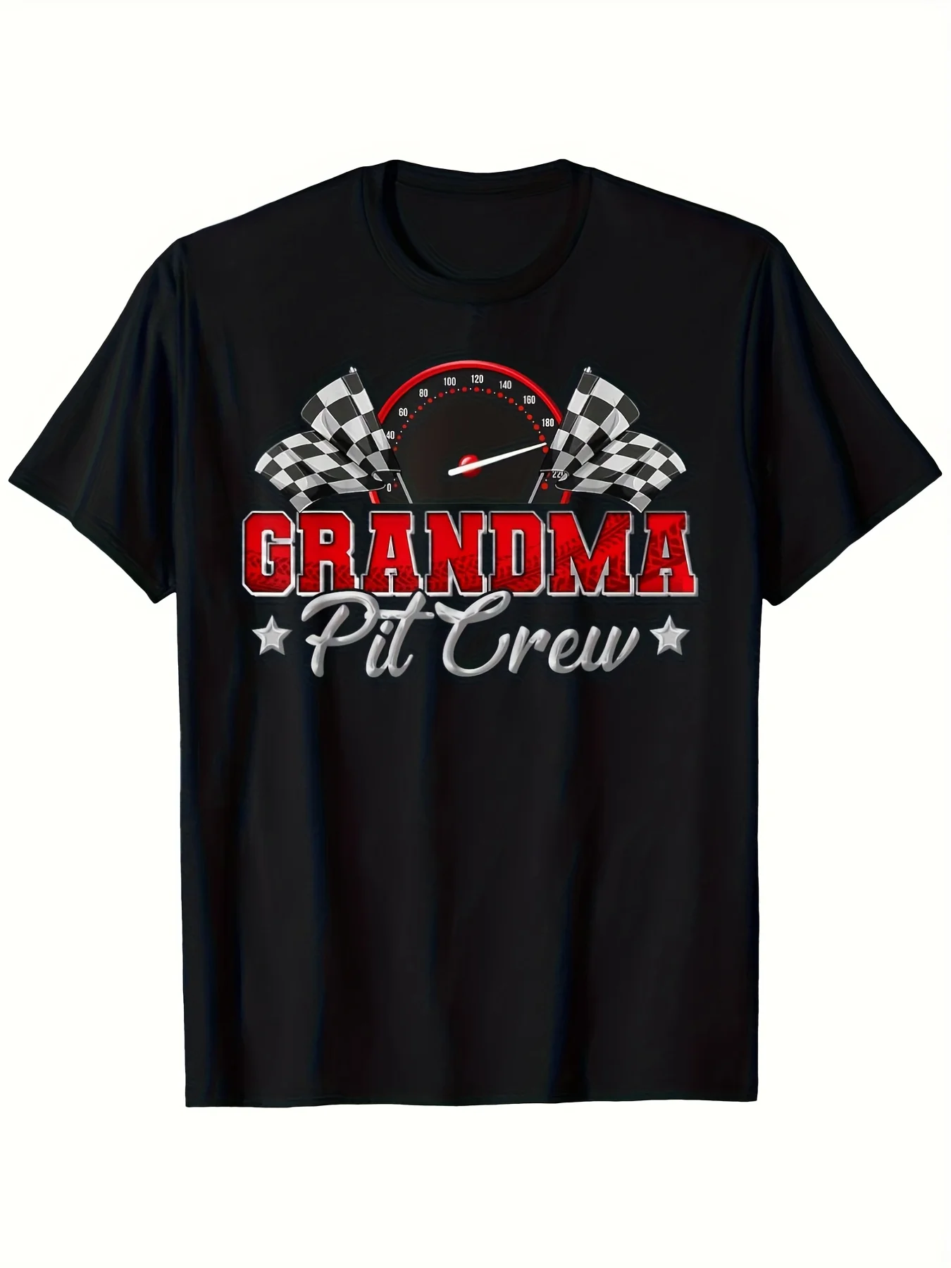 Black T-Shirt Featuring Grandma Pit Crew Racing, Designed with a Checkered Flag And Clock Motif. Ideal for Family Birthday Celebrations And Casual Outings. This Stylish Men'S Tee Is On-Trend