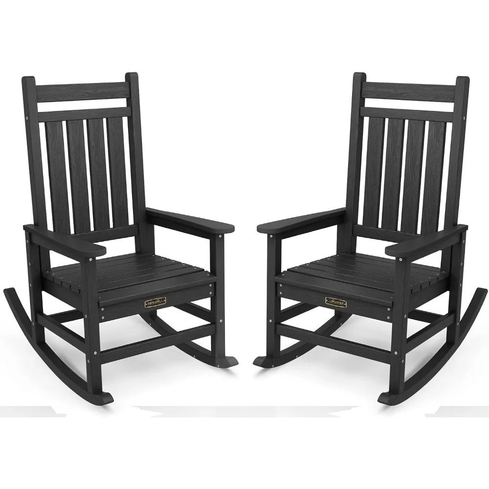 

Outdoor Rocking Chair Set of 2, HDPE Rocking Chairs for Adult, Ergonomic design, wood texture，Black