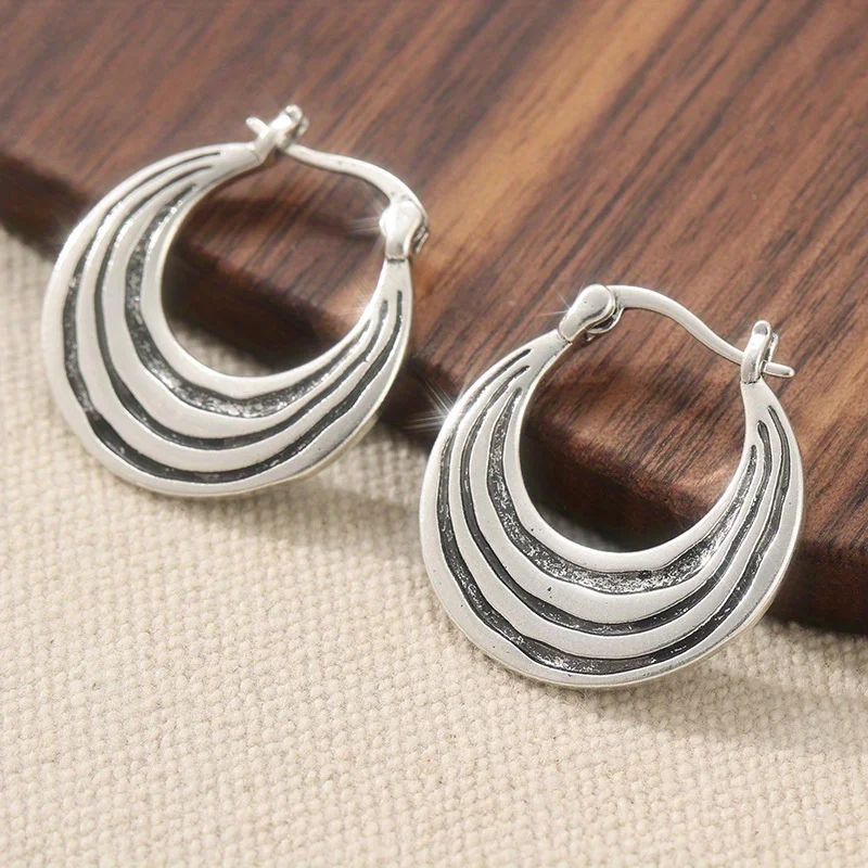 Vintage Silvery Hoop Earrings, Unique Boho Tribal Textured Silvery Hoops, Artisan Handmade Jewelry for Women