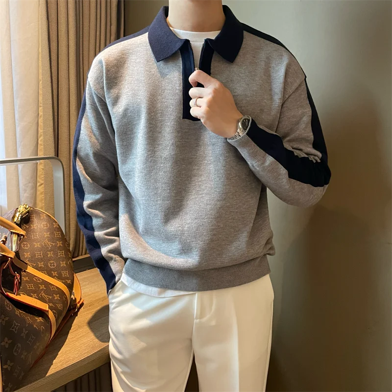 

Korean Version of Long-sleeved Men's Sweater in Autumn New British Casual Handsome Top Lapel Contrasting Knitted Sweater