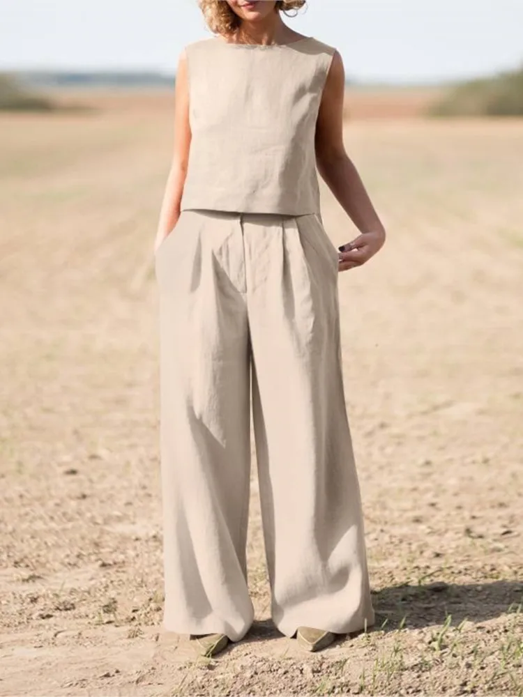 Summer Loose O-Neck Sleeveless Top Wide Leg Pants Two Piece 2024 Fashion Casual New Suit Women Solid Cotton Linen 2 Piece Suits