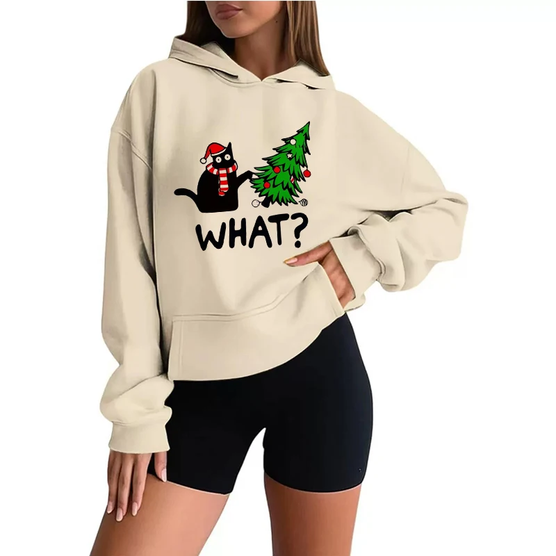 

Женские милые толстовки с принтом рождественской елки и кошки в японском корейском стиле, модные повседневные толстовки с капюшоном и забавным рисунком, одежда