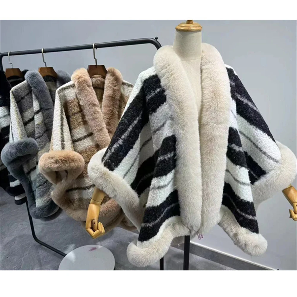 

2024 Winter Women Long Faux Fur Collar Striped Lamb Velvet Poncho Cape Thick Cardigan Overcoat Loose Shawl Cloak Streetwear