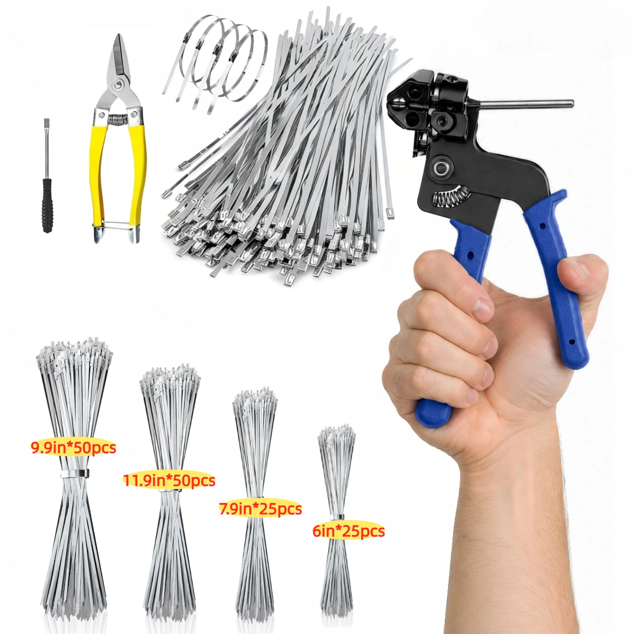 

304 Stainless Steel Cable Tie Gun Set, Cable Tie Gun Kit, 201 Lbs Tensile Strength and UV-Resistant Self-Locking Metal Zipper for Agricultural Fencing, Pipe Installation, Construction, and Automotive Applications – Heavy-Duty Fastening System