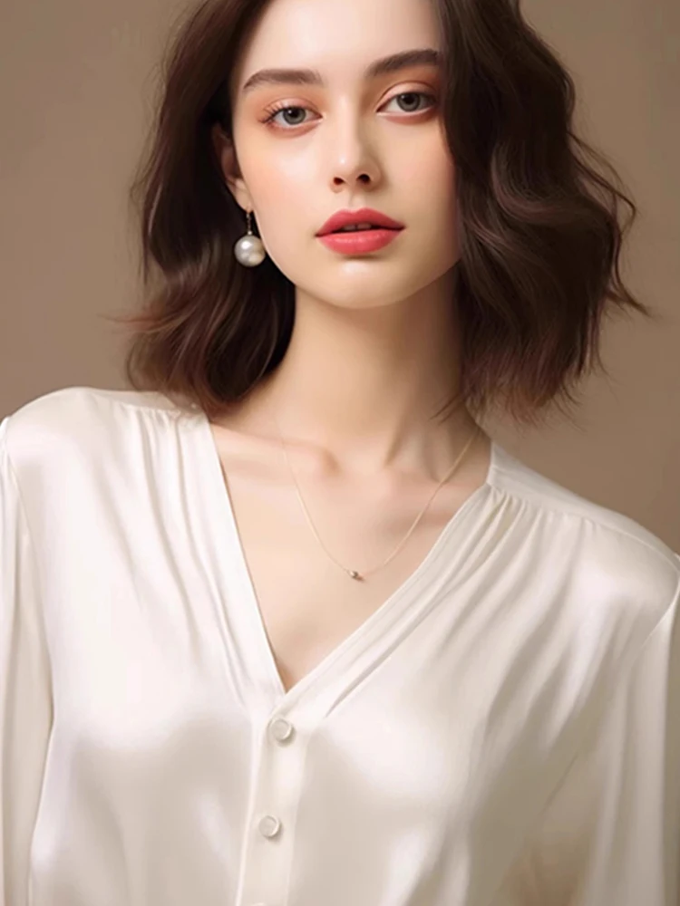 เสื้อไหมชีฟองทรงวี แขนยาว ดีไซน์เกาหลี ให้ความรู้สึกหรูหรา ช่วยพรางหุ่น เหมาะสำหรับใส่ทำงาน สไตล์เกาหลี สำหรับผู้หญิง