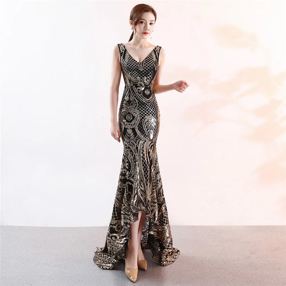 Women's  V Neck Sequins Tank Asmmetrical Mermaid  Evening Dress