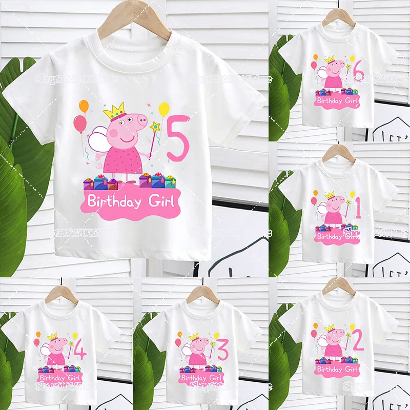 T-shirts imprimés de dessins animés Peppa Pig pour enfants, vêtements d'été à col rond pour filles, tenues Boutique, numéro 1-9