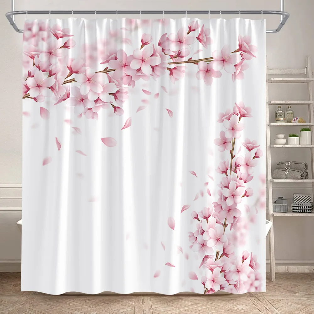 Pink Cherry Blossom Shower Curtain Butterfly Sea Wave Koi Fish Floral Japanese Style Landscape Bathroom Curtains Set Home Decor