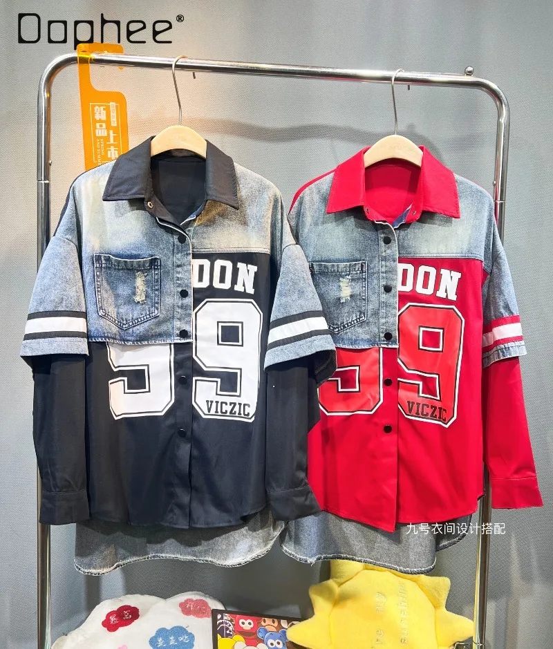 Estilo europeu retalhos denim camisa feminina outono nova impressão personalizada falso de duas peças manga longa na moda camisas de grandes dimensões