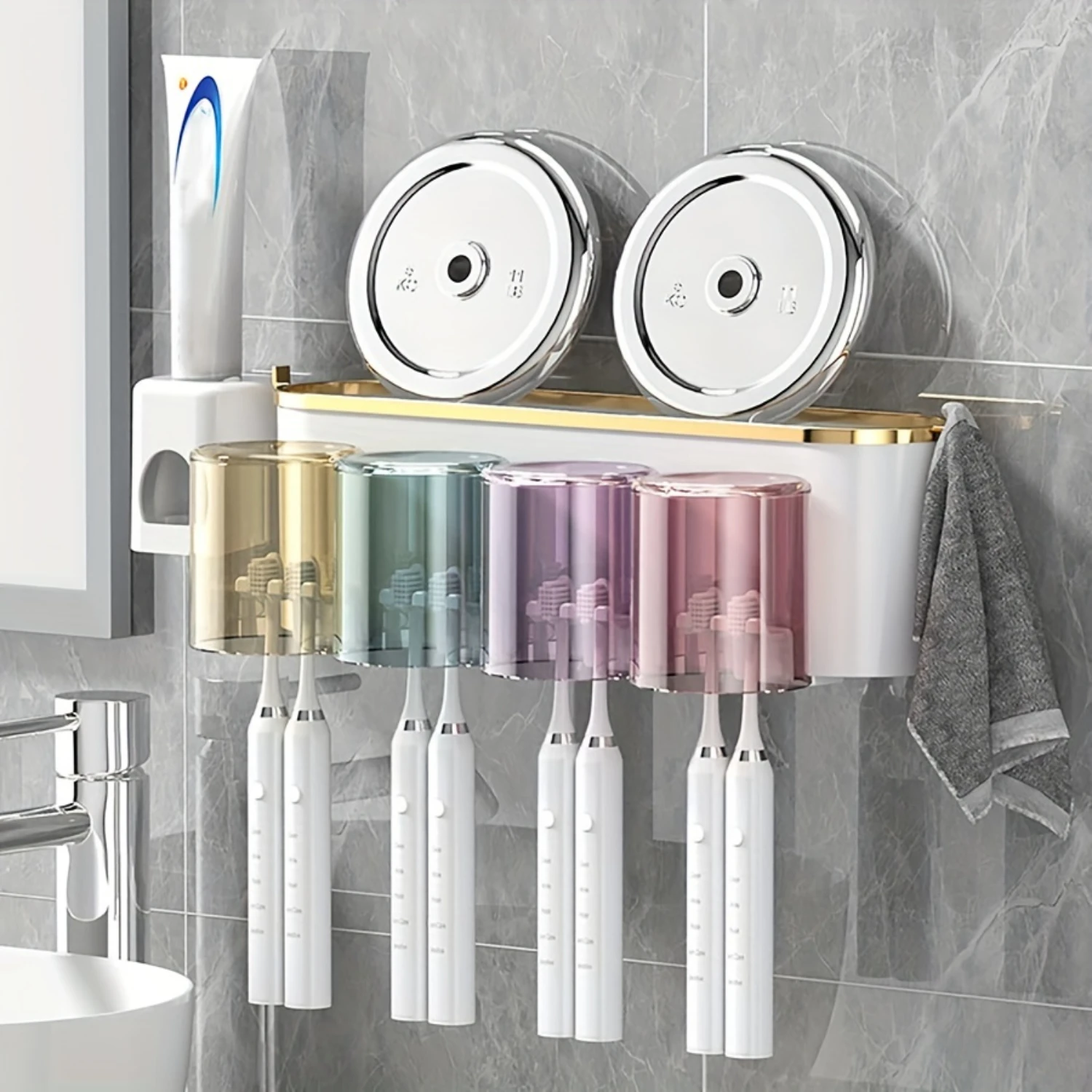 1pc Toothbrush Holder With Gargle Cup, Automatic Toothpaste Dispenser, Wall Mounted Toothbrush  Rack, Punch-free Toothbrush  Org