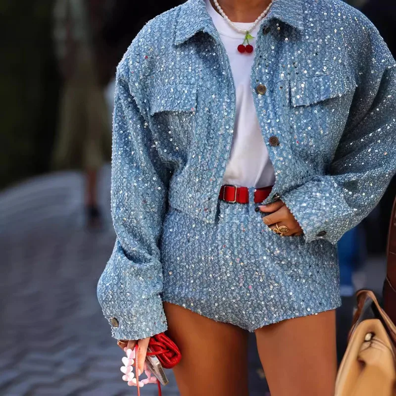 Blue Denim Sequin Jacket Short Coat + Shorts Women\'s Suit Long Sleeve Lapel Coat Slim Shorts 2-piece 2024 Spring And Autumn Wear