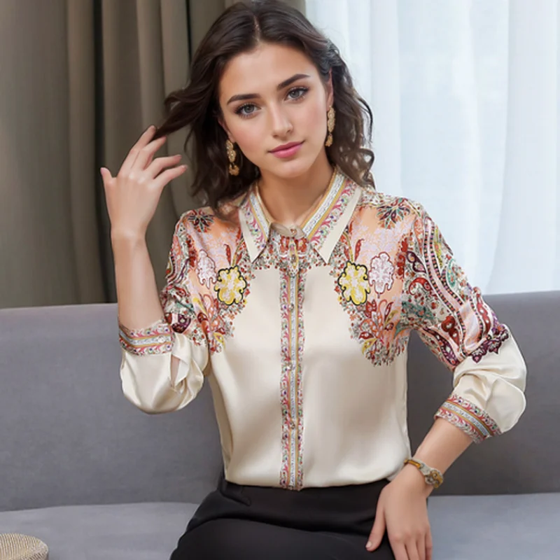 New Fashion Floral Print Women Shirts Satin Tops Long Sleeve Silk Blouses Office Lady Elegant Clothing