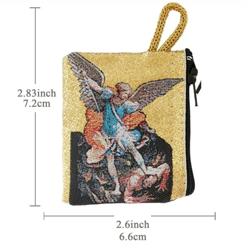 Archangels Rosary Pouch Gold Thread Woven Prayer Bag Religious Jewelry Storage Box 6.6x7.2cm