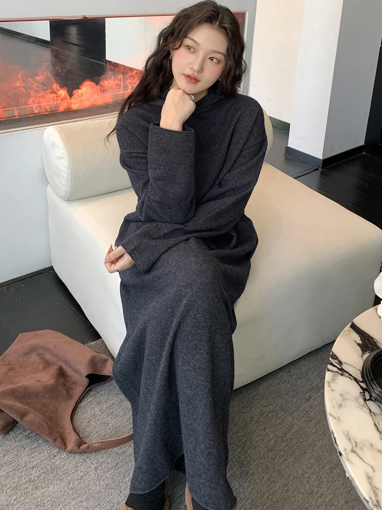 NYFS حجم كبير الحياكة فستان طويل فضفاض مريح عادية معطف بقلنسوة رداء للنساء الخريف الشتاء الكورية نمط 2025 Elbise #6