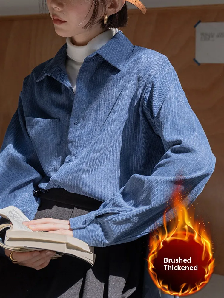 

Retro Blue Corduroy Women's Long Sleeve Shirt Inner Wear Striped Spring Jacket Autumn Winter Layering Top Comfortable Korean ...