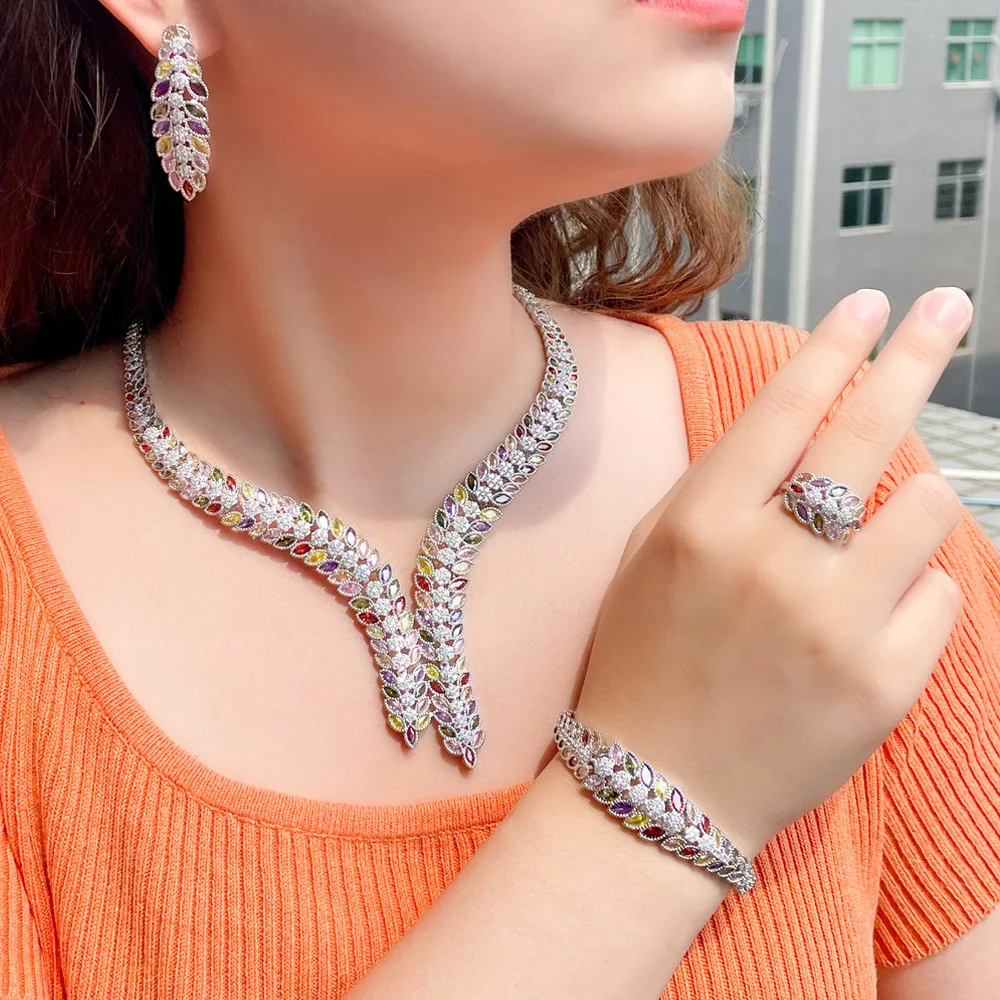 Pera Aesthetic Colorful CZ Stone Long Double Leaf Drop Women Necklace Earrings Brides Deluxe 4Pcs Jewelry Sets for Wedding J541