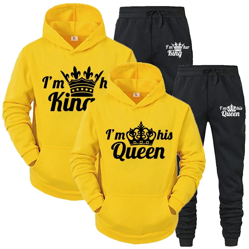 Lover Tracksuit Hoodies Printing QUEEN KING Couple Sweatshirt Plus Size Hooded Clothes Hoodies Women Two Piece Set