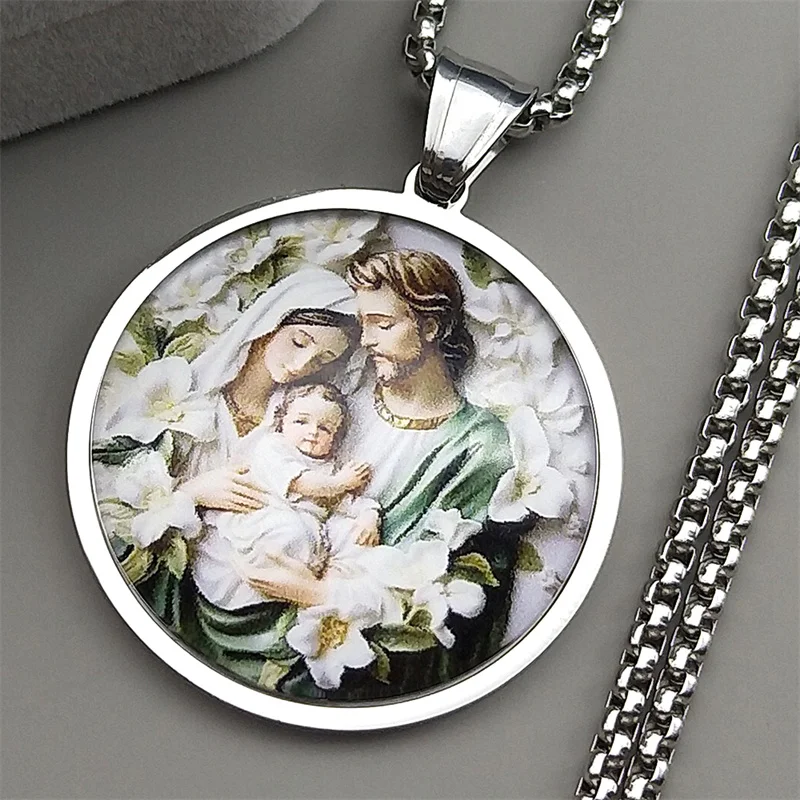 Collar con colgante de medalla de cristal de la Virgen María, bebé Jesús, para mujeres y hombres, acero inoxidable, Color dorado, amuleto de San José, joyería de cadena
