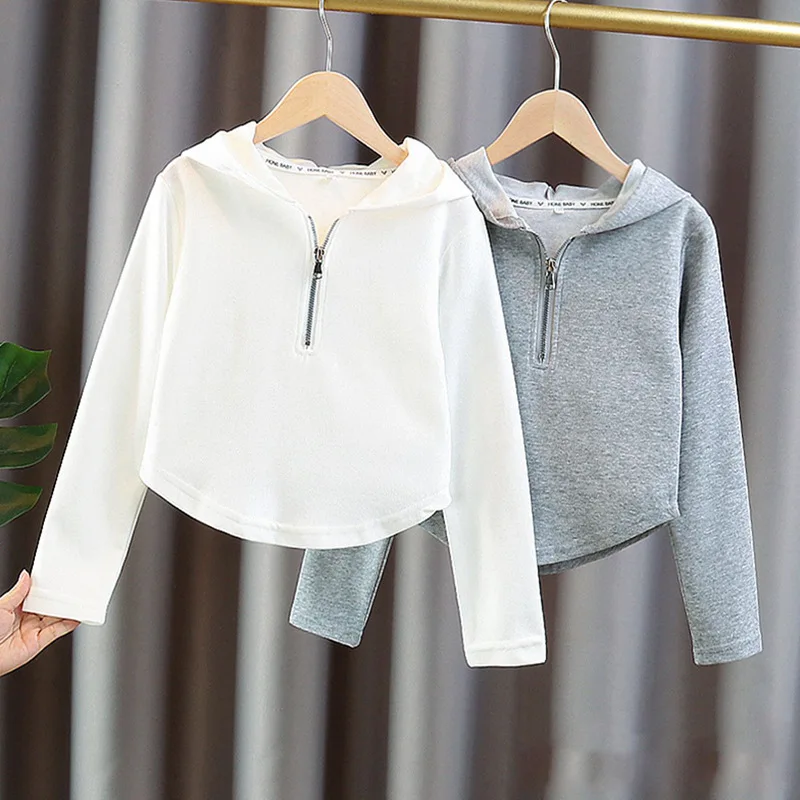 ZOETOPKID Girls Cotton Plain Hooded Half Zip Cropped Sweatshirt Jackets School Kid Track Pullover Jumper Children Work Coat Tops