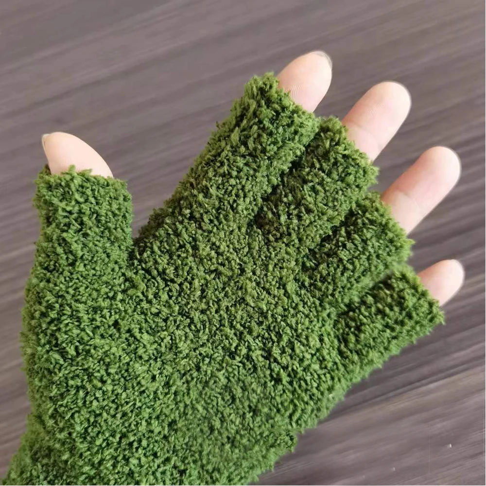 1Pair Half Finger Fingerless Gloves Men\'s And Women\'s Winter Warm Solid Color Knitted Half-finger Velvet Plush Outdoor Mittens