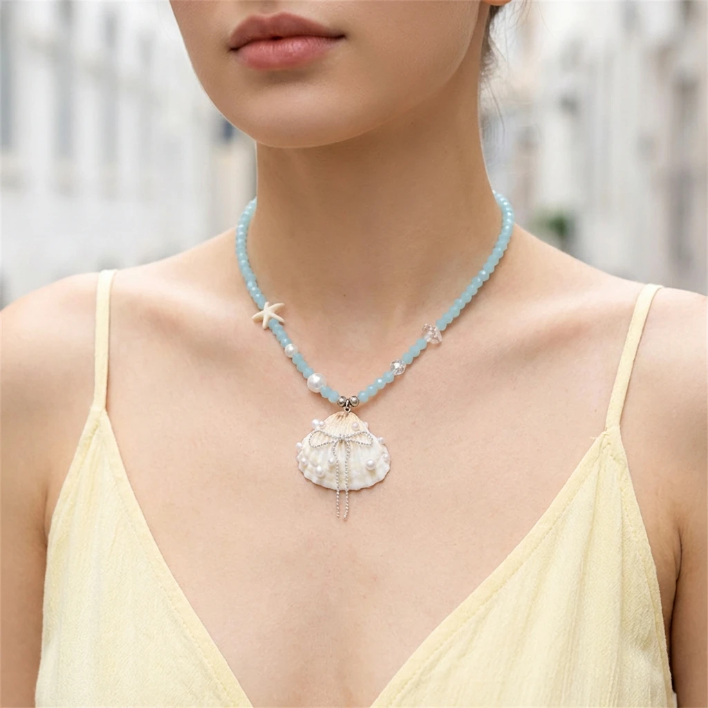 Einzigartige Seestern-Seil-Halsketten für Frauen, Muschel-Imitationsperlen-Schleifen-Quasten-Halsketten, zarter, süßer Sommerschmuck als Geschenk – Detail 3