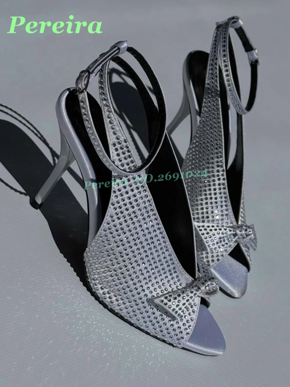 Silver Full Rhinestone Bow Ankle Strap Sandals Open Toe Thin Stiletto Formal Evening High Heels Slingback Women's Sandals Buckle