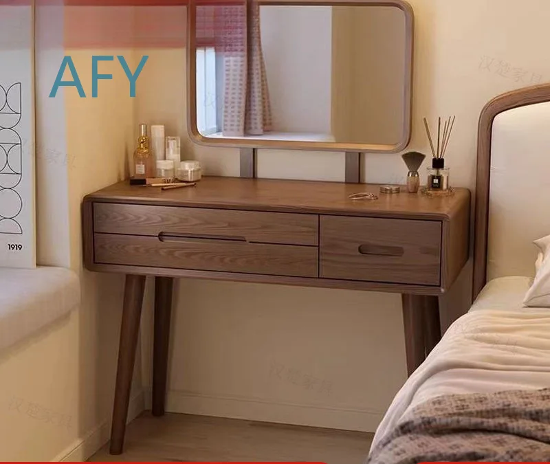 Rubberwood Dresser for Bedroom Modern Minimalist Vanity Table with Drawers and Stool for Small Spaces for Home Decor