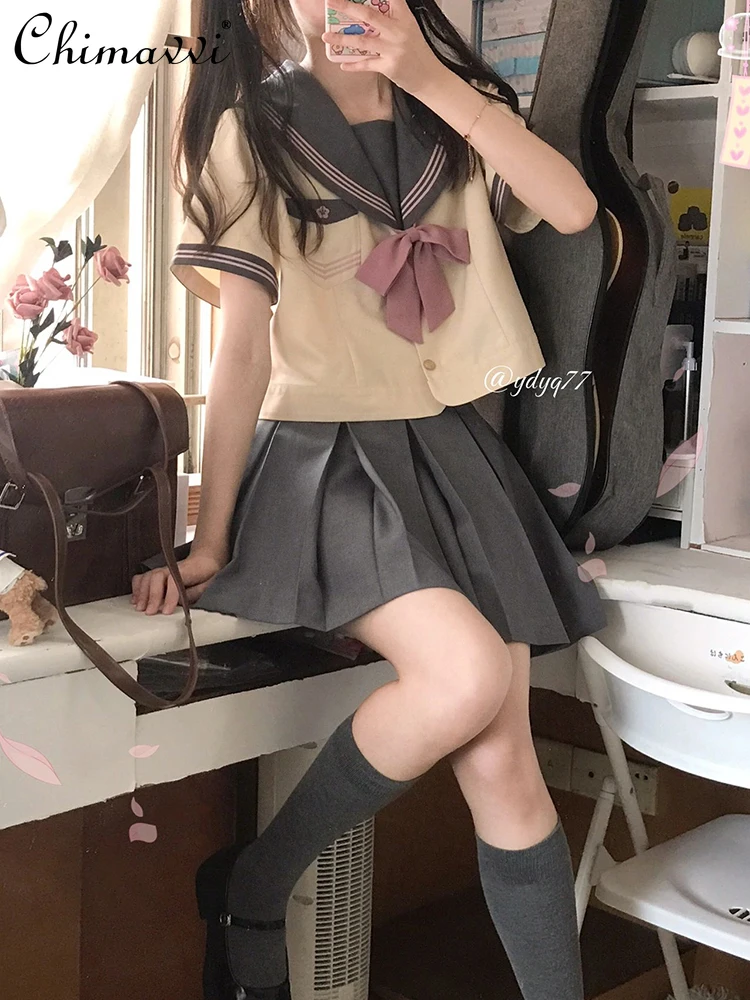 Japanese Sweet JK Uniform Skirt Sets Sailor Suit Womens Short-Sleeved Gray Pink Top Pleated Skirt Girly Student Ladies Two-Piece