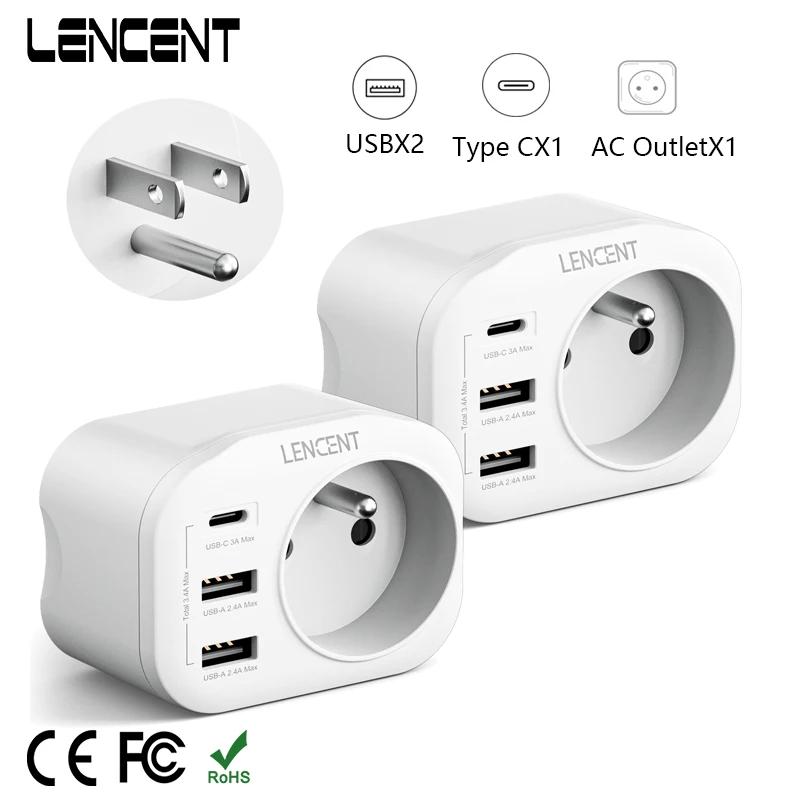 LENCENT 2 Pack FR to US Travel Adapter with 1 AC Outlet   2 USB Ports and 1 Type C  4 in 1 Adapter Wall Charger for Home/Travel