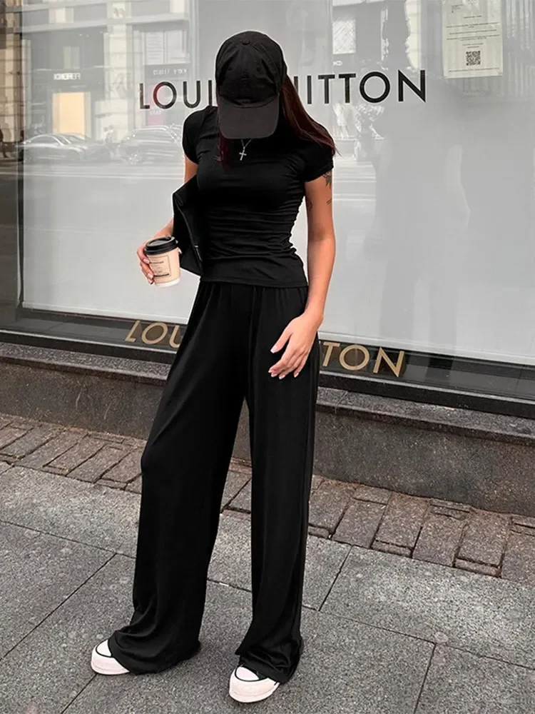 

Casual Solid T-shirt Pants Women Set Short Sleeve O-neck Tops Pleated Straight Trousers Spring Summer Vacation Lady Suit