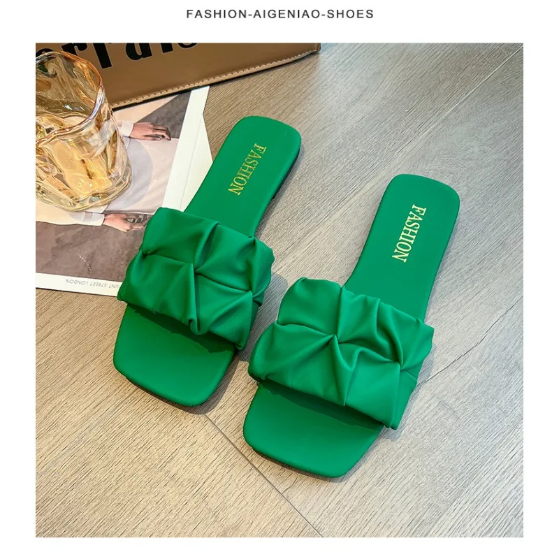 Summer Slippers for Women Flip Flops Flats  New Pleated Korean Slippers Women Sandals Green Slip on Shoes Big Size 35-42