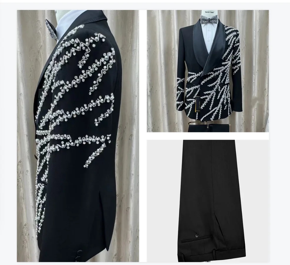 

Luxury Crystals Groom Men Suits Set 2 Pieces Blazer+Pants Trousers Fall Autumn Wedding Tuxedos Jacket Formal Office Prom Coat