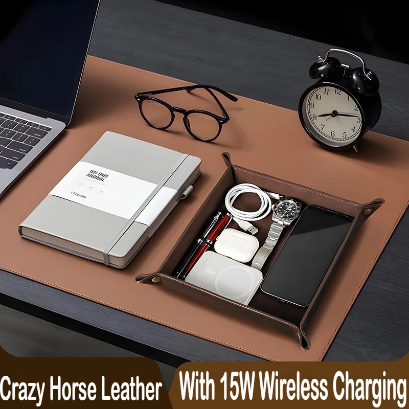 

Handmade Crazy Horse Leather Square Tray with Built-in 15W Wireless Charger Desktop Organizer Stationery Holder Office Supplies