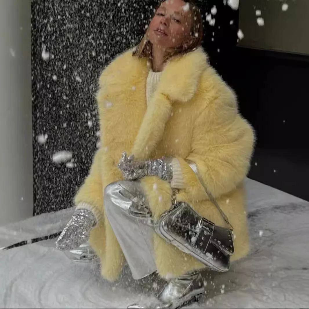 معطف فرو نسائي للخريف والشتاء كاجوال فضفاض من فرو الثعلب وياقة غربية صديقة للبيئة على الطراز الأوروبي الأمريكي معطف فوقي