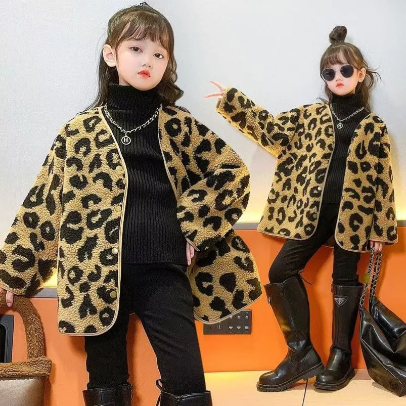 Girls Popular Leopard Print Cardigan Jacket Stylish Children 2024 Korean Fur Integrated  New Top Trend Autumn and Winter