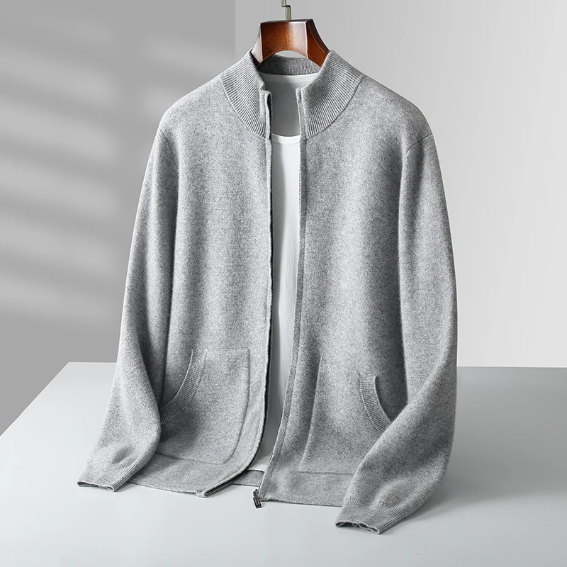 

100% Pure Wool Men's Autumn Winter Warm Sweater Zip-up Coat Stand Collar Thick Cardigan Casual Knitted Double Pockets Jackets