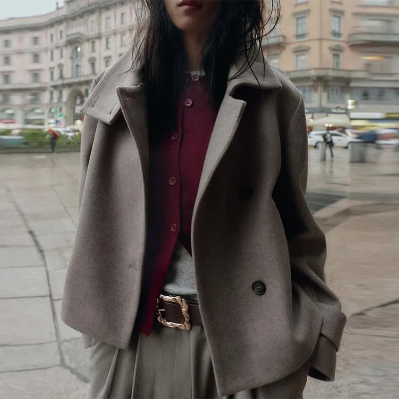 

Female Casual Solid Short Jacket Chic Long Sleeve Stand Collar Loose Coats 2025 Autumn Winter New Lady High Street Outerwear