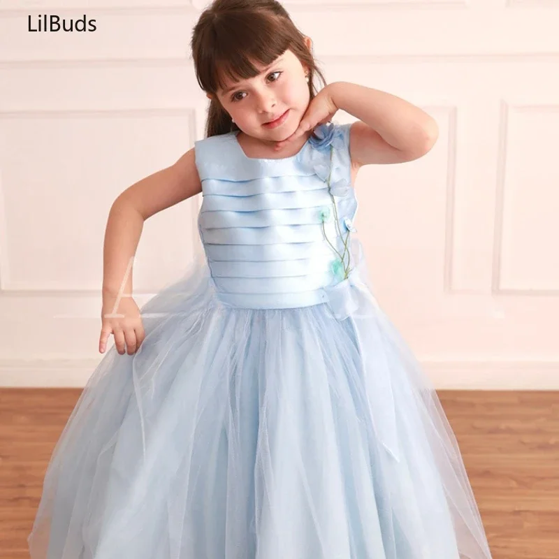 2024 Infant Kids Blue Dress Costumes New Baby Children's Satin 1 Years Old Sleeveless Wedding Princess Elegant Party Clothes