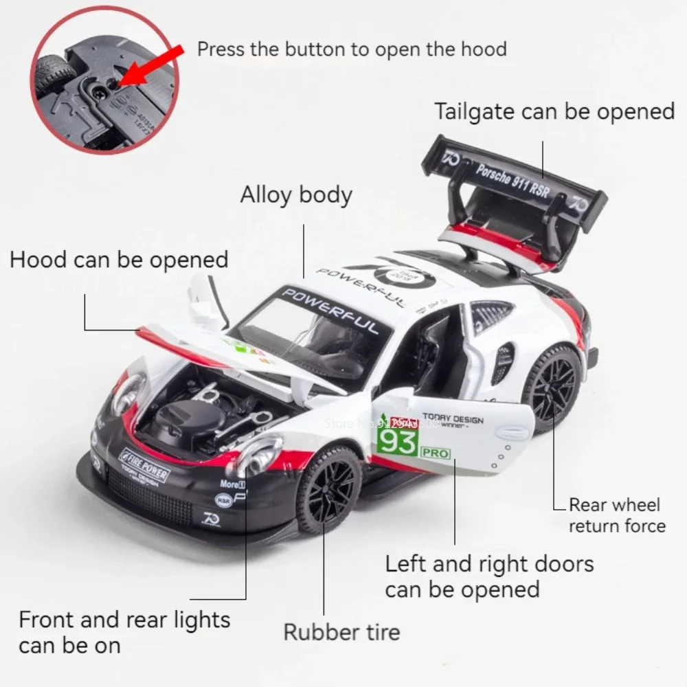 Modèle réduit de voiture Porsche 911 GT3 RSR pour enfant, échelle 1:32, jouet de simulation moulé sous pression, 4 portes ouvertes, nervure arrière, sourire, décoration, idée cadeau