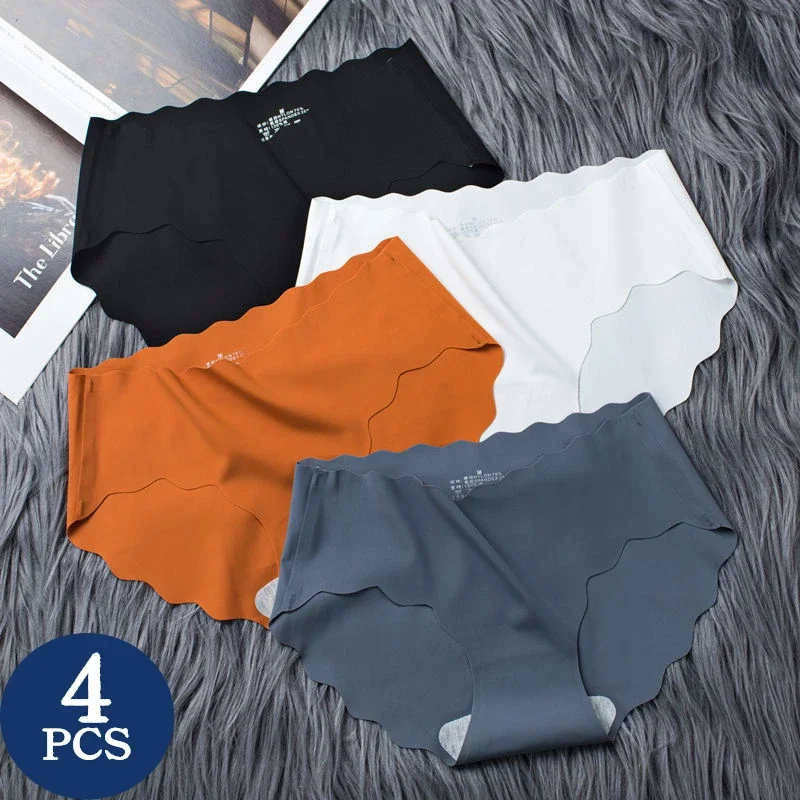 

4PCS/Set Silky Satin Women's Panties Seamless Underwear Female Wave Edge Underpants Girls Comfortable Briefs Soft Panty Lingerie