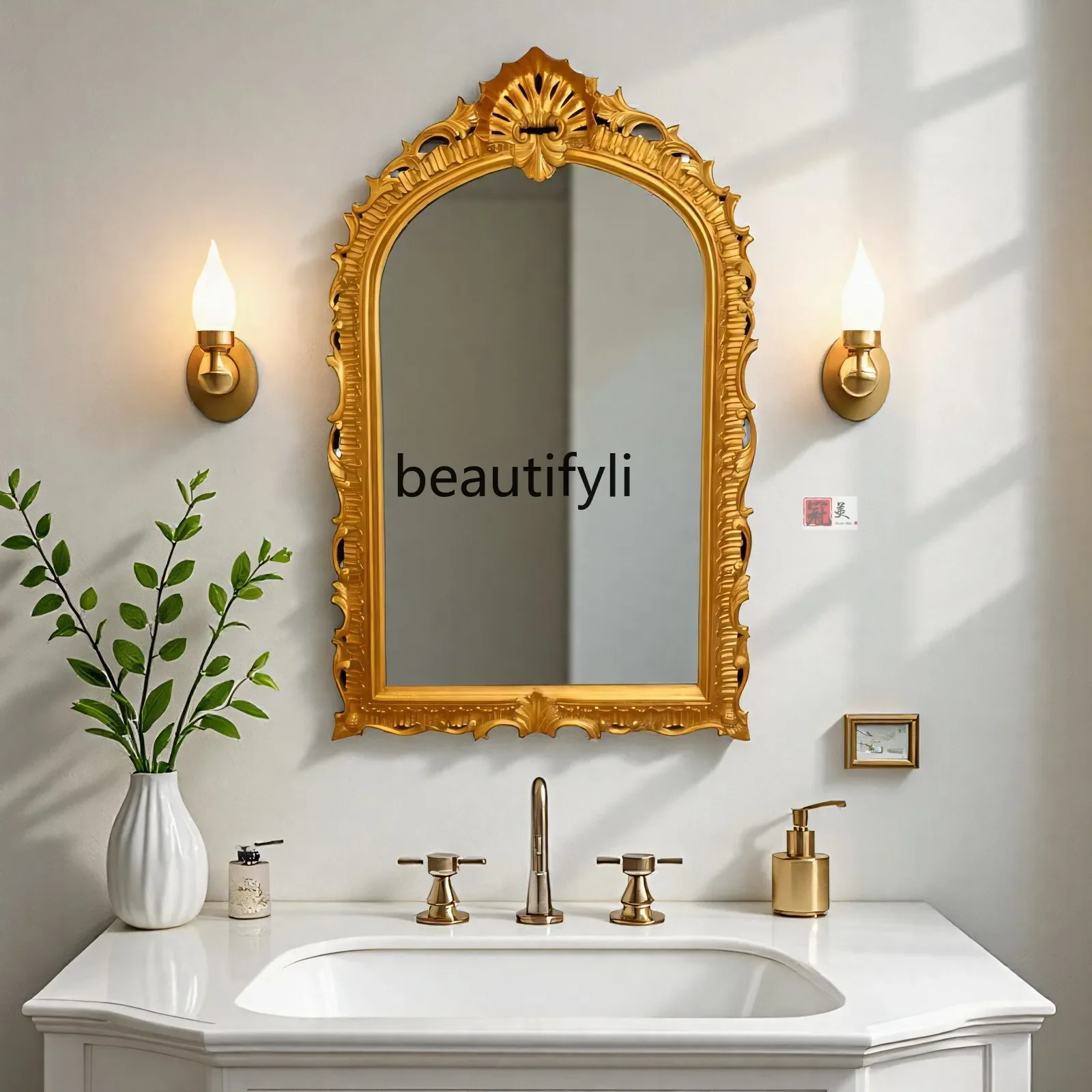 

A16 French retro carved dressing mirror, bedroom wall hanging, American classical entrance wall-mounted fireplace decorative mir