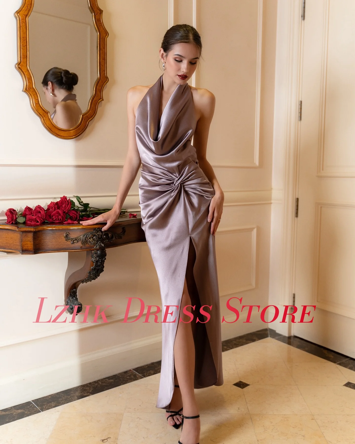 사용자 정의 섹시한 새틴 스트레이트 버튼 진주 이브닝 드레스 섬세한 민소매 홀터 바닥 길이 فساتين سهرة