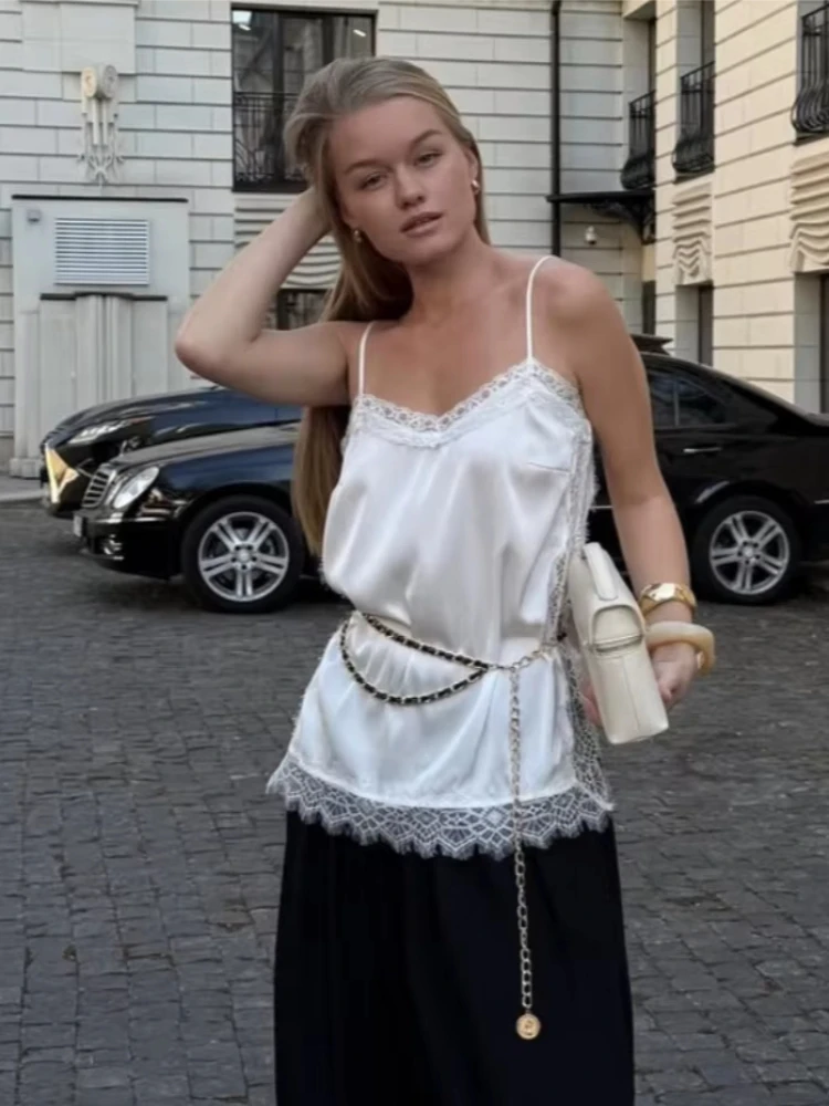 

Tsiisd Sexy Lace Backless Tank Top Female Solid V-Neck Spaghetti Summer Streetwear Cropped Y2k Top Printed Women's Camisole Tee